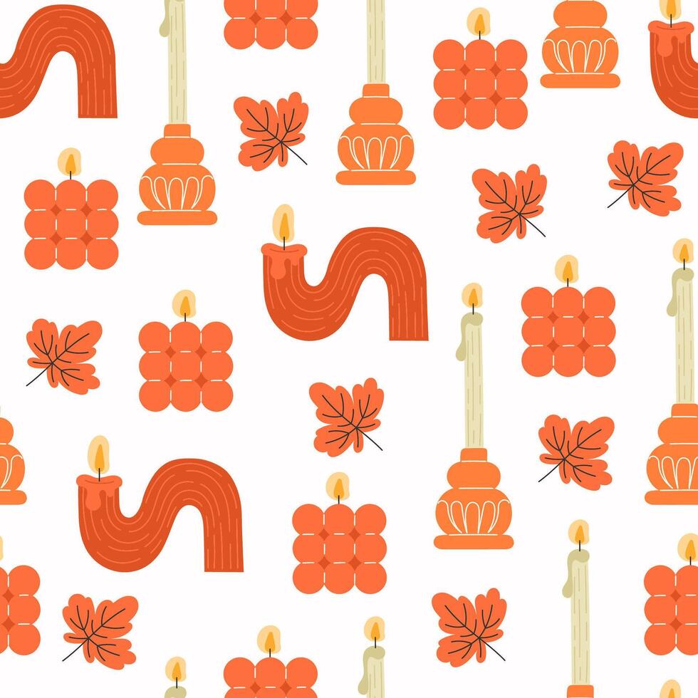 Seamless Pattern of Autumn Scented Candles and Fall Leaves vector