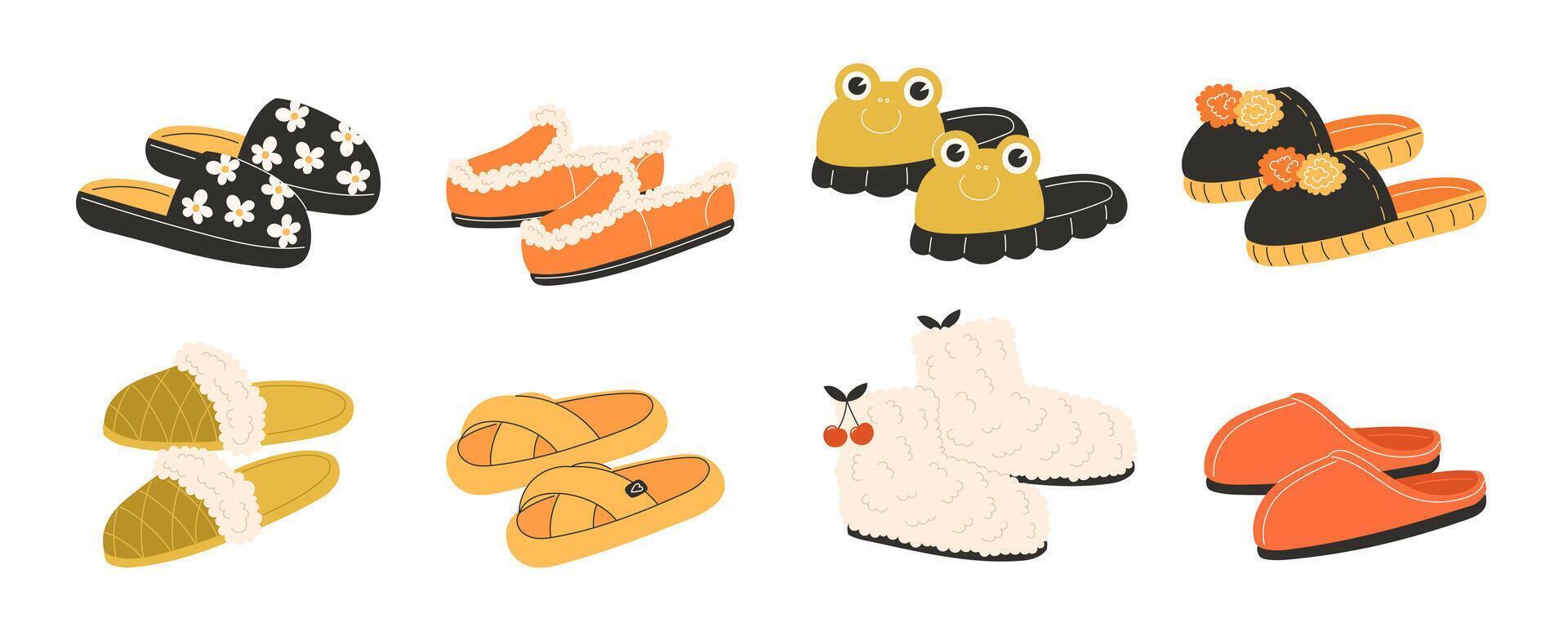 Cute autumn slippers set flat style cozy home footwear collection perfect for seasonal designs thanksgiving fall fashion illustrations vector