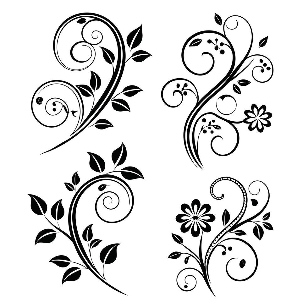 Elegant Black and White Floral Swirl Designs Four Intricate Nature-Inspired Patterns for Artistic Projects - Professional digital artwork with vibrant colors and detailed composition vector