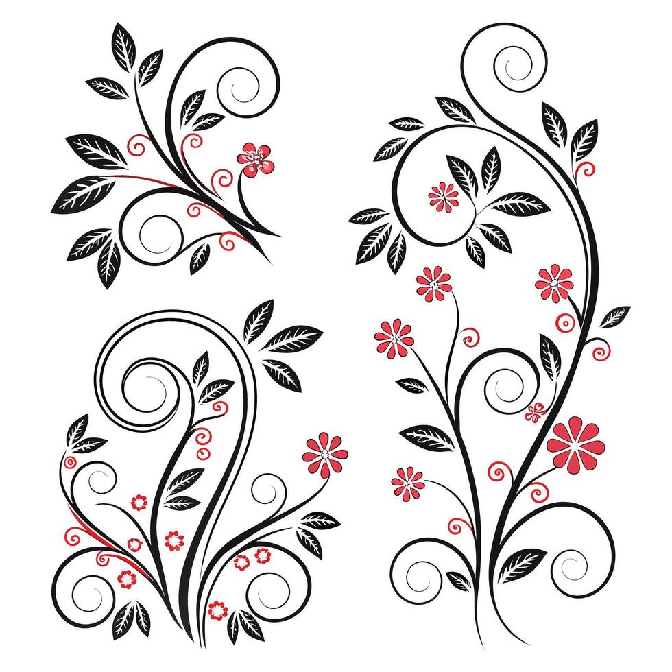 Elegant Black and Red Floral Swirls Decorative Design Elements for Invitations, Cards, and Crafts - Professional digital artwork with vibrant colors and detailed composition vector