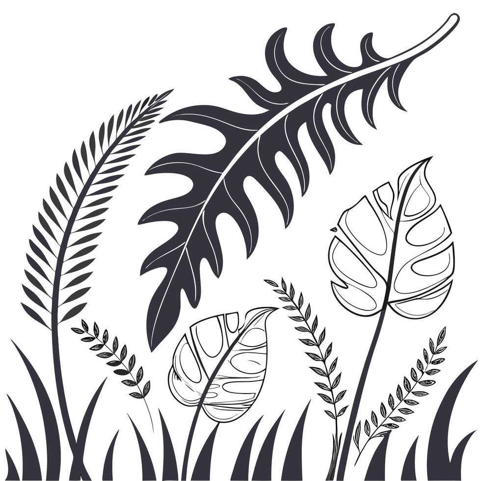Serene Black and White Tropical Leaf Illustration Elegant Monstera, Fern, and Grass Design for Peaceful Mood vector