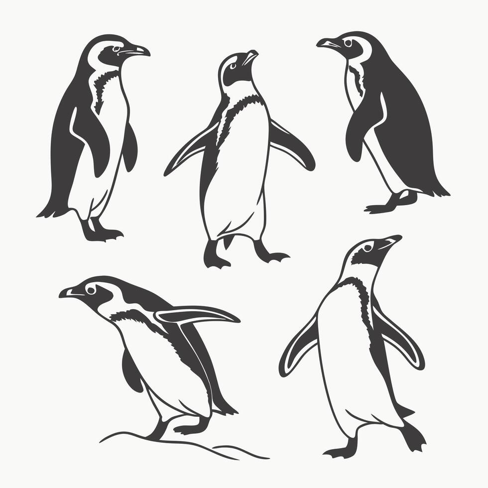 Five Adorable Penguins in Monochrome Style, Antarctic Wildlife, Elegant and Playful, White Background Illustration - Professional digital artwork with vibrant colors and detailed composition vector