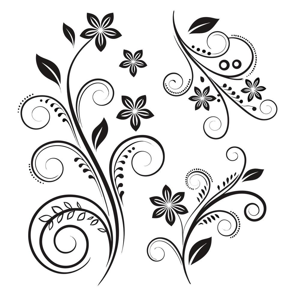 Elegant Black and White Floral Swirl Designs Beautiful Flourishing Plant Motifs for Artistic Decoration - Professional digital artwork with vibrant colors and detailed composition vector