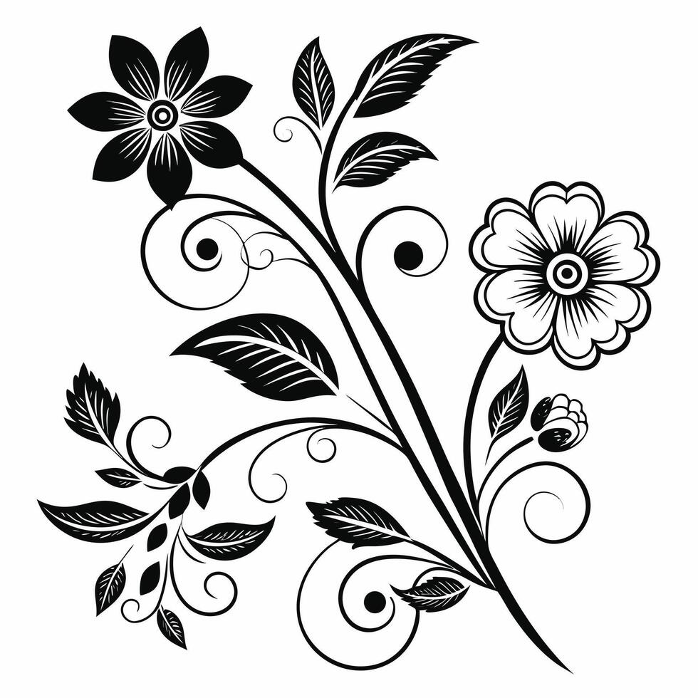 Elegant Black and White Floral Design A Stunning Monochrome Flower Arrangement with Swirling Vines and Intricate Details for Decorative Purposes vector