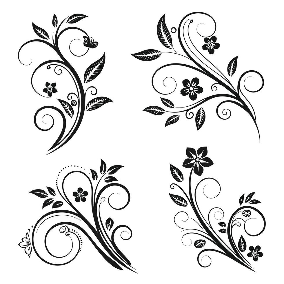 Elegant Black and White Floral Swirls Four Decorative Flourishing Designs for Invitations, Stationery, and Crafts vector