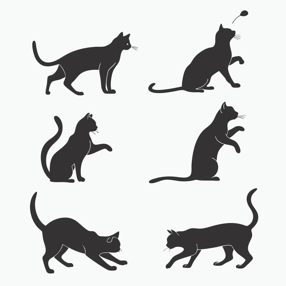 Six Elegant Black Cat Silhouettes in Playful Poses, a Collection of Dark Feline Artwork for Design Inspiration vector
