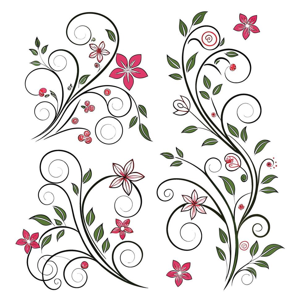 Elegant Flourishing Floral Designs Romantic Pink Flowers and Swirling Vines on White Background - Professional digital artwork with vibrant colors and detailed composition vector