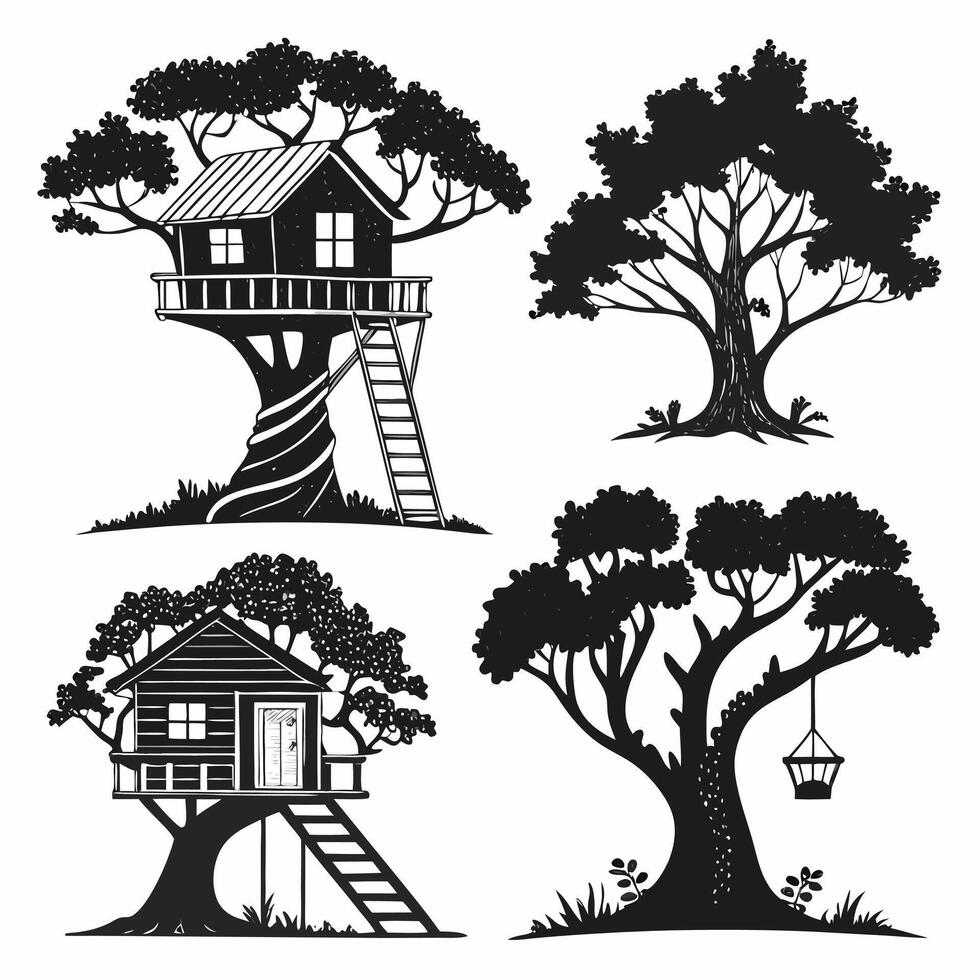 Enchanting Black and White Illustrations of Tree Houses Nestled in Lush, Mysterious Trees Whimsical Designs for Kids Rooms vector