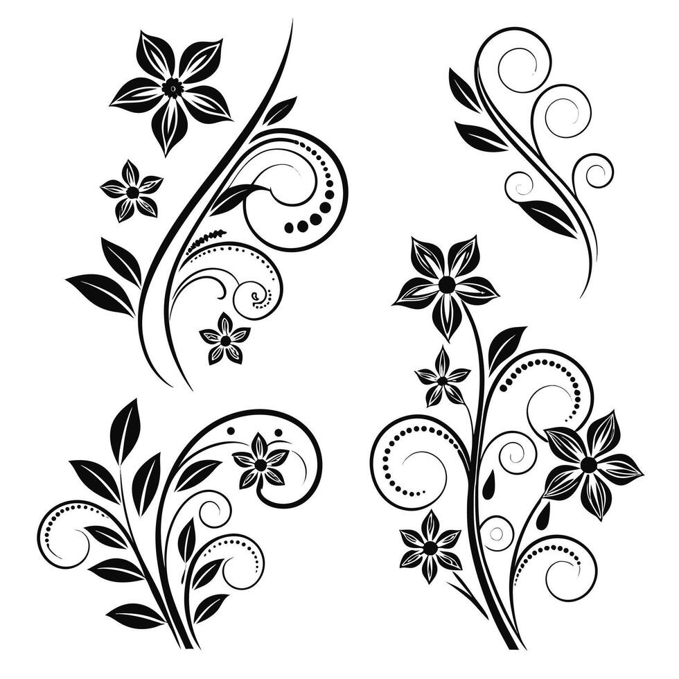 Elegant Black and White Floral Swirls Four Intricate Flourishing Designs for Wedding Invitations, Scrapbooking, and Decorative Projects vector