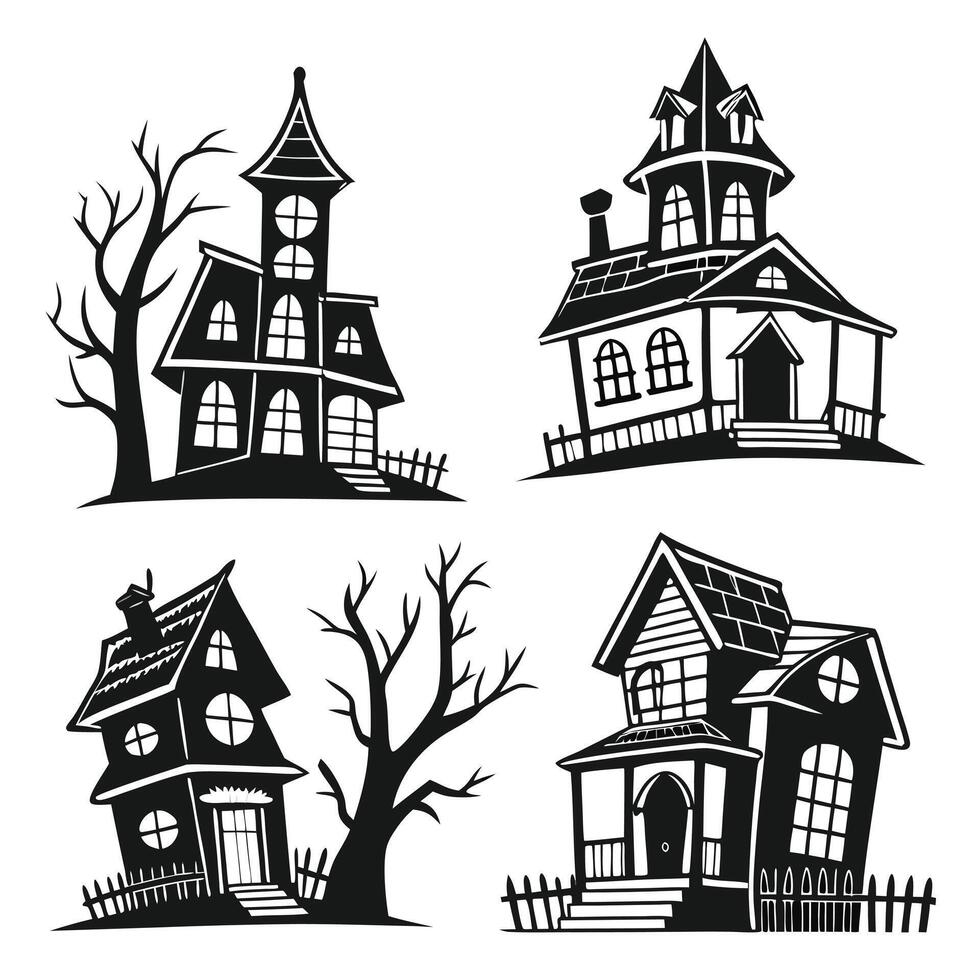Spooky Black and White Halloween Haunted Houses Silhouettes Set, Creepy Manor Illustrations for Party Decorations vector