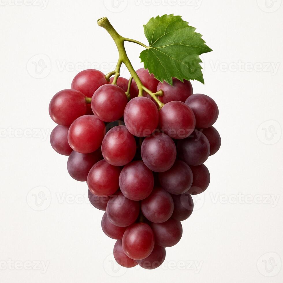 Juicy red grapes hang in a tight cluster with a green leaf, fresh and ready to eat or press. photo
