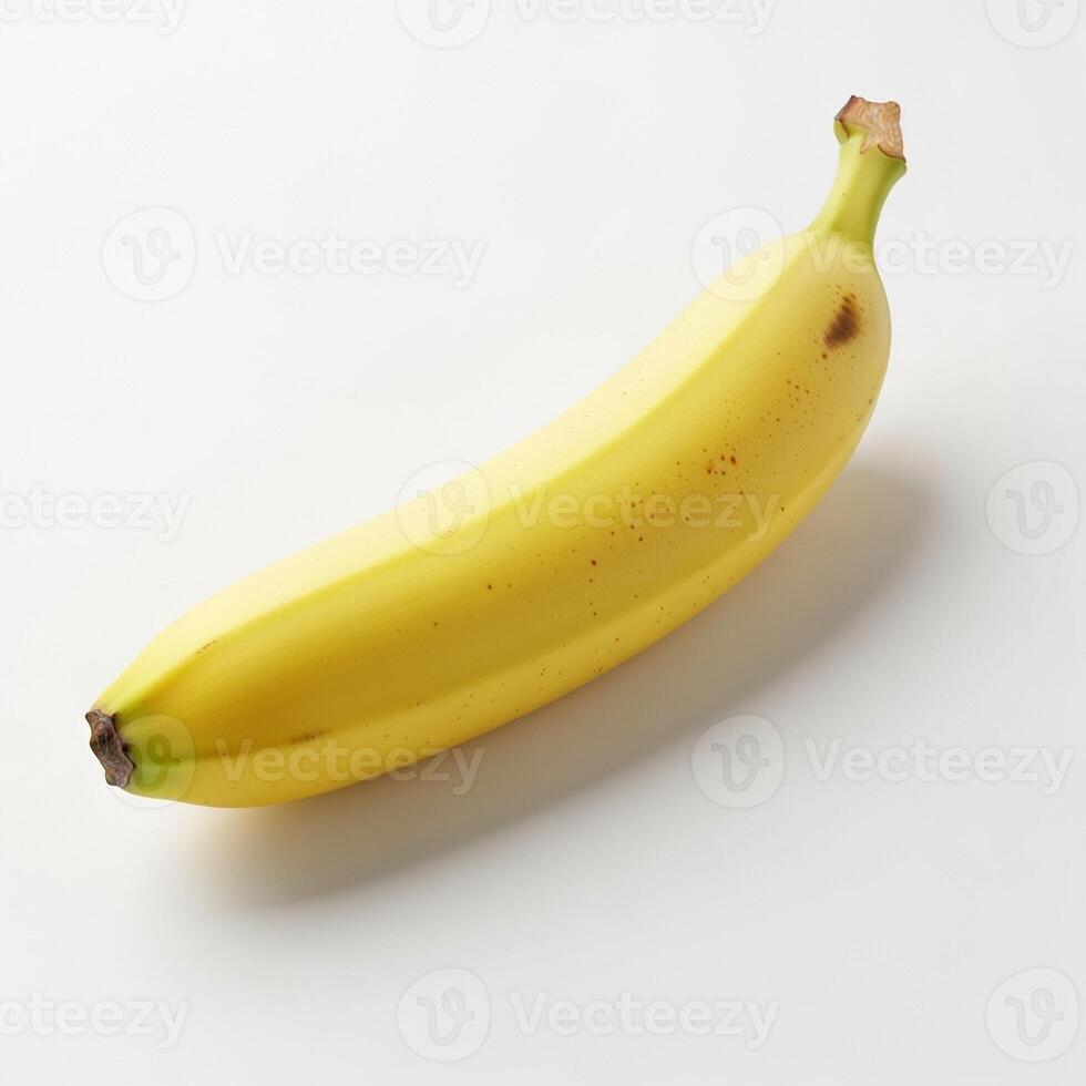Ripe yellow banana isolated on clean white surface, simple composition highlighting tropical fruits smooth peel and natural curve. photo