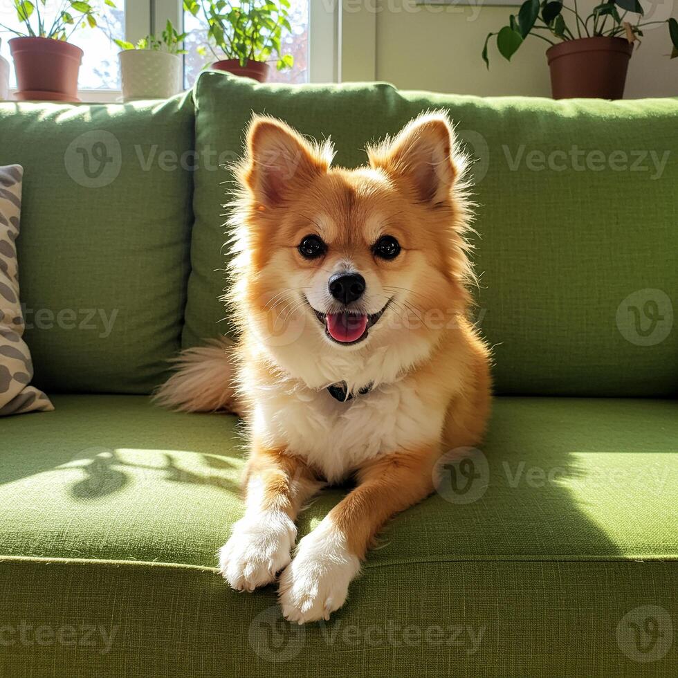 Fluffy dog smiling brightly on green sofa, sunlight streaming through window, cozy living room with houseplants and pillows. photo