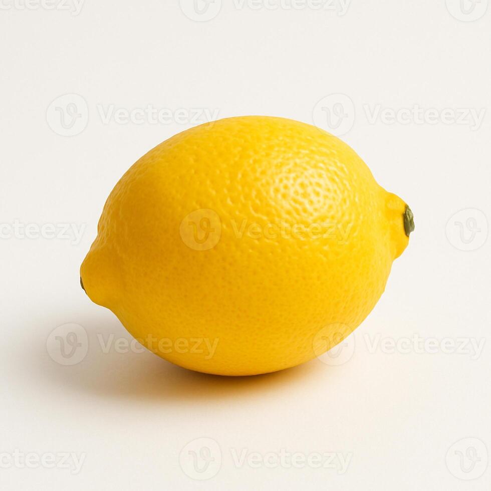 Bright yellow lemon on plain background, vivid citrus fruit with dimpled skin, associated with sour flavor, freshness, and detox benefits. photo