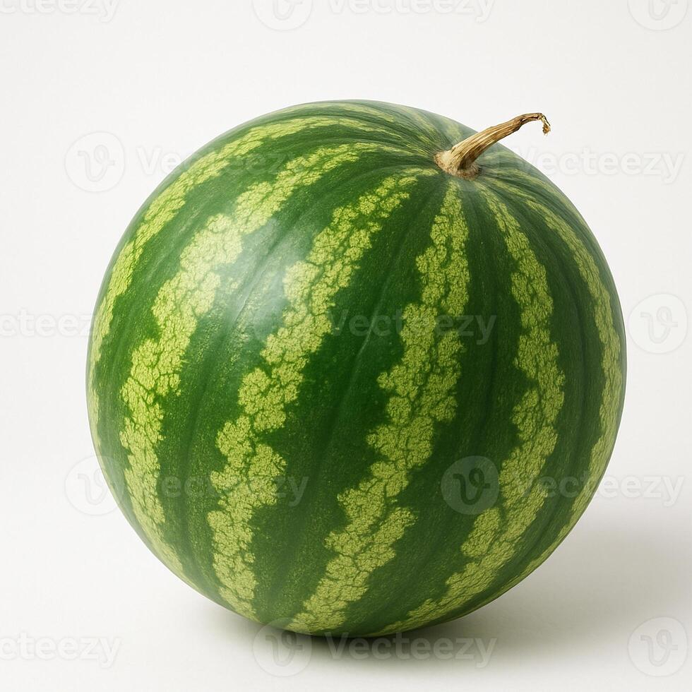 A whole watermelon with deep green skin and light green stripes, perfectly round and ready to refresh on hot days. photo