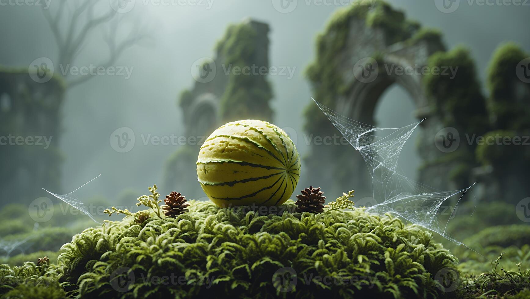 Sphere Resting on Moss Near Ruins with Spiderwebs in Foggy Setting photo