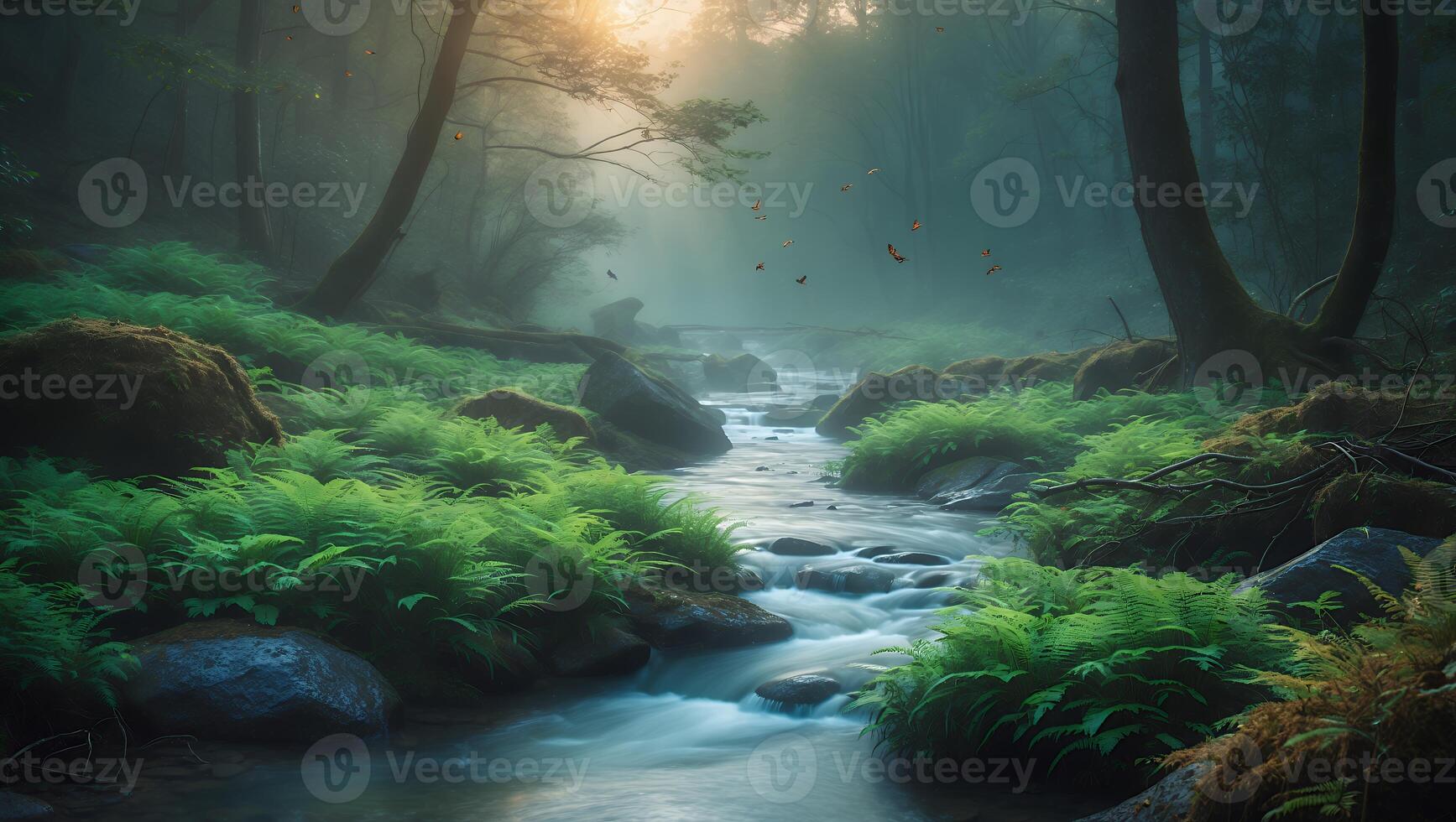 Flowing River Through Lush Green Forest with Soft Sunlight and Ferns photo