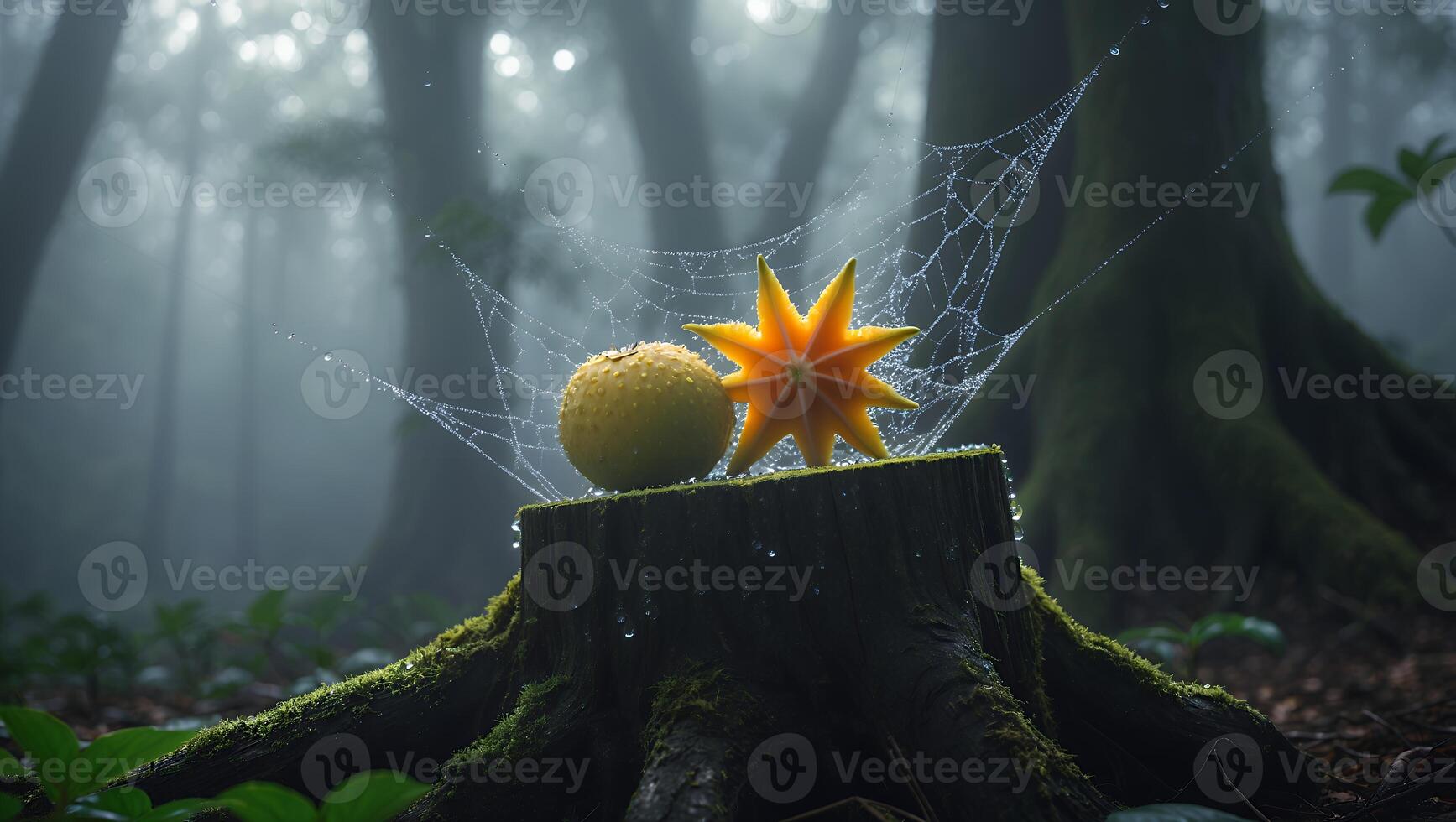Fruits on Stump with Spiderweb in Misty Forest Scenery photo