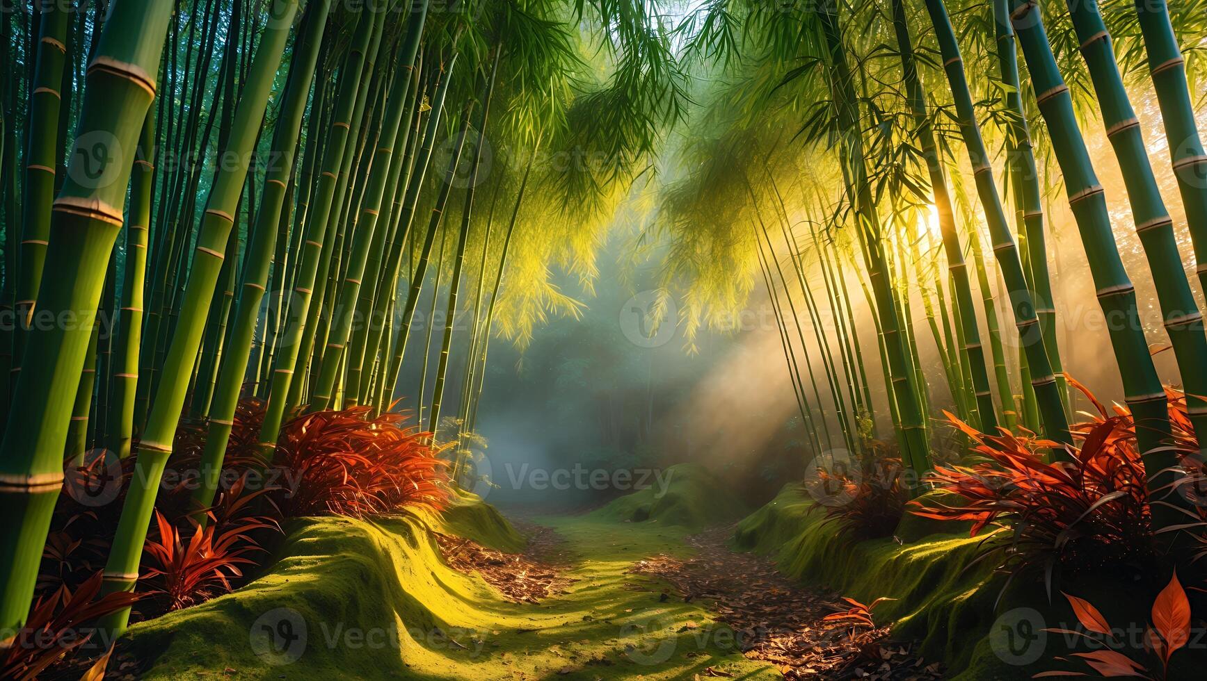 Walking Path Through Enchanting Bamboo Forest with Mystical Fog photo