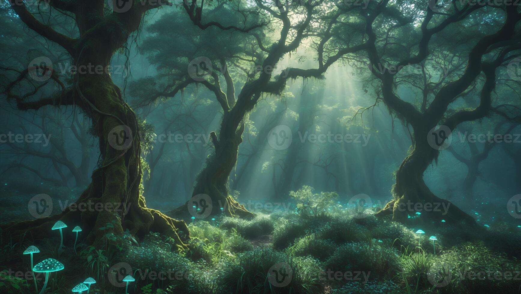 Sunlight Streaming Through Forest with Mossy Trees and Glowing Mushrooms photo
