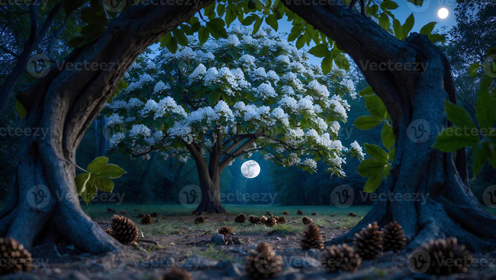 Flowering Tree Illuminated by Moonlight at Night with Pine Cones photo