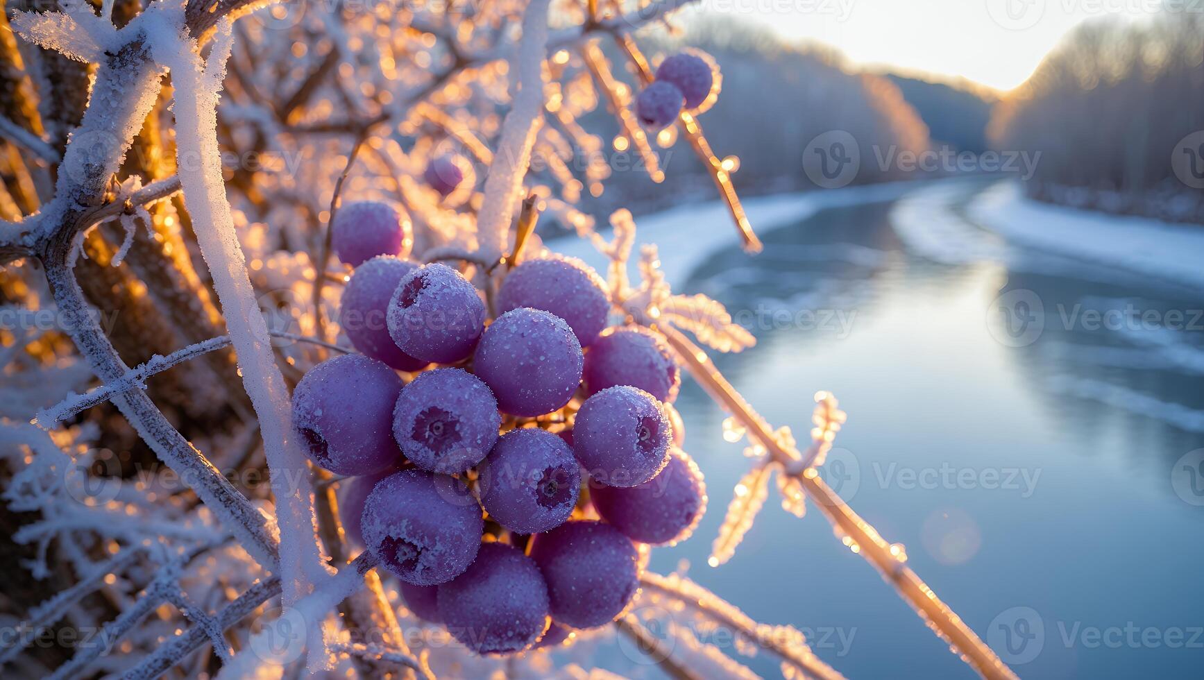 Frozen Berries on Branch with River in Background in Winter photo