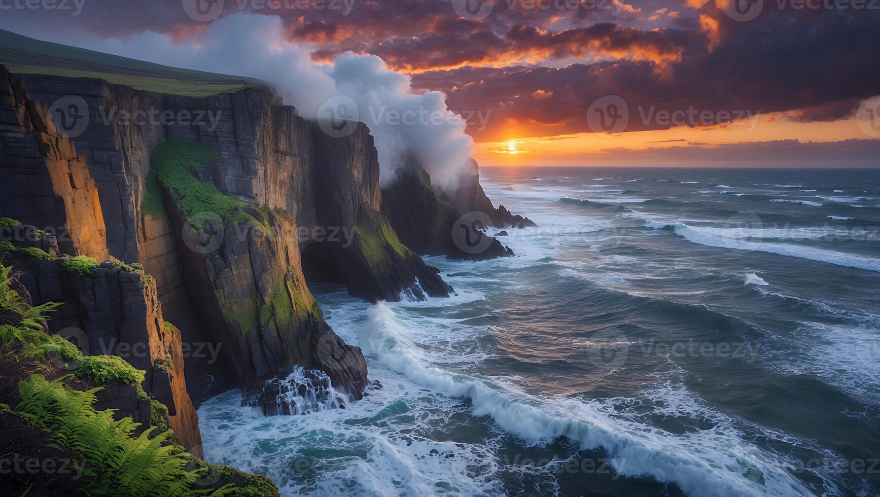 Dramatic Coastal Cliffs at Sunset with Waves Crashing on Rocks photo