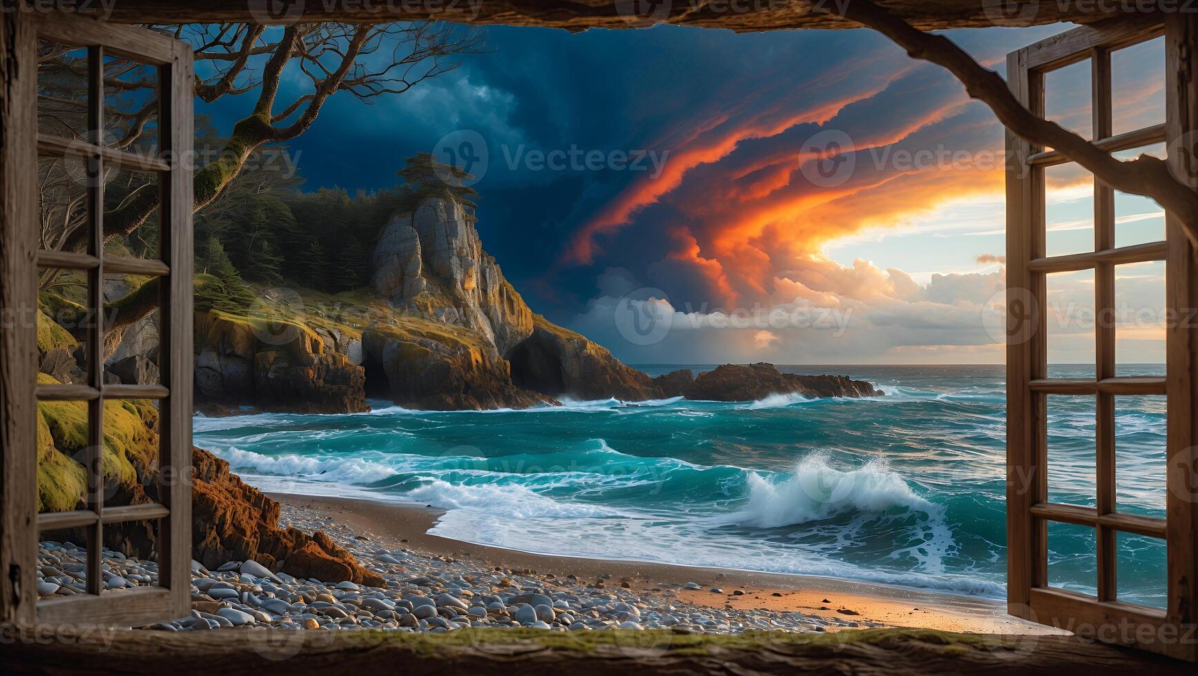 Scenic coastal view from a window showcasing dramatic clouds, crashing waves, and rocky cliffs photo