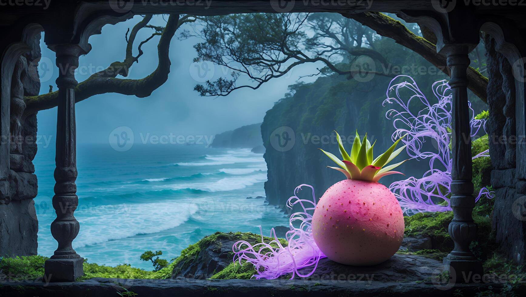 A whimsical pink fruit sits on a rocky ledge overlooking a misty ocean landscape, surrounded by lush greenery photo