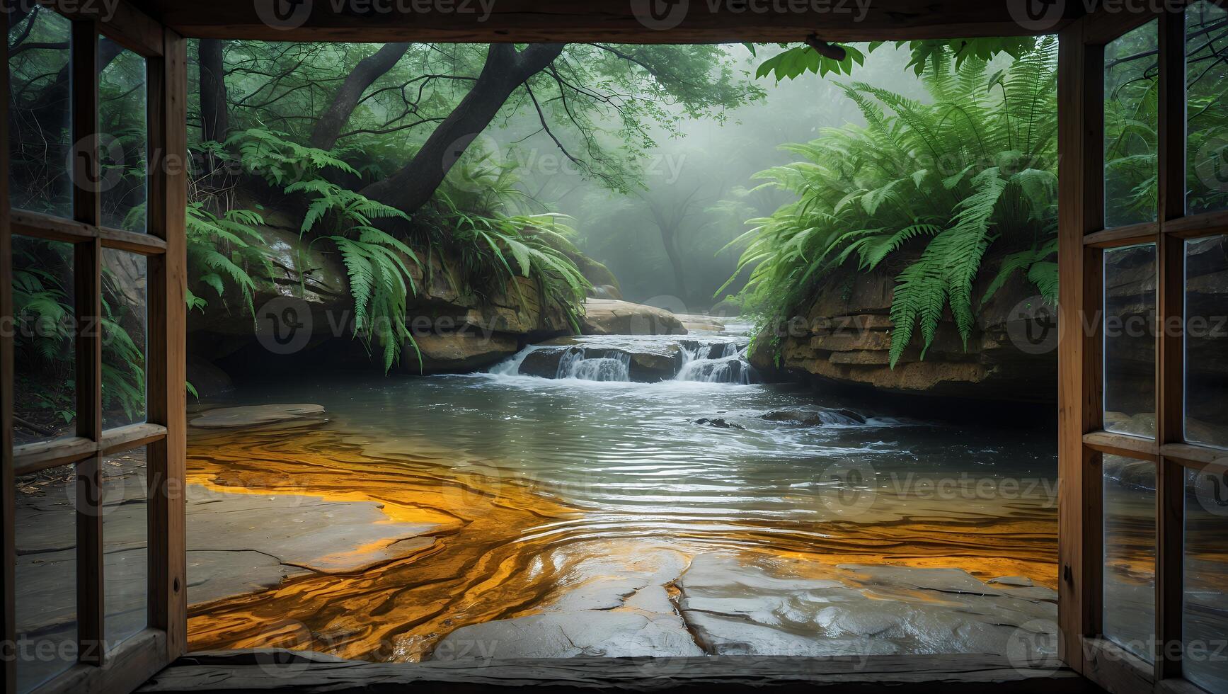 Tranquil forest stream viewed from a rustic wooden window, surrounded by lush greenery and mist photo