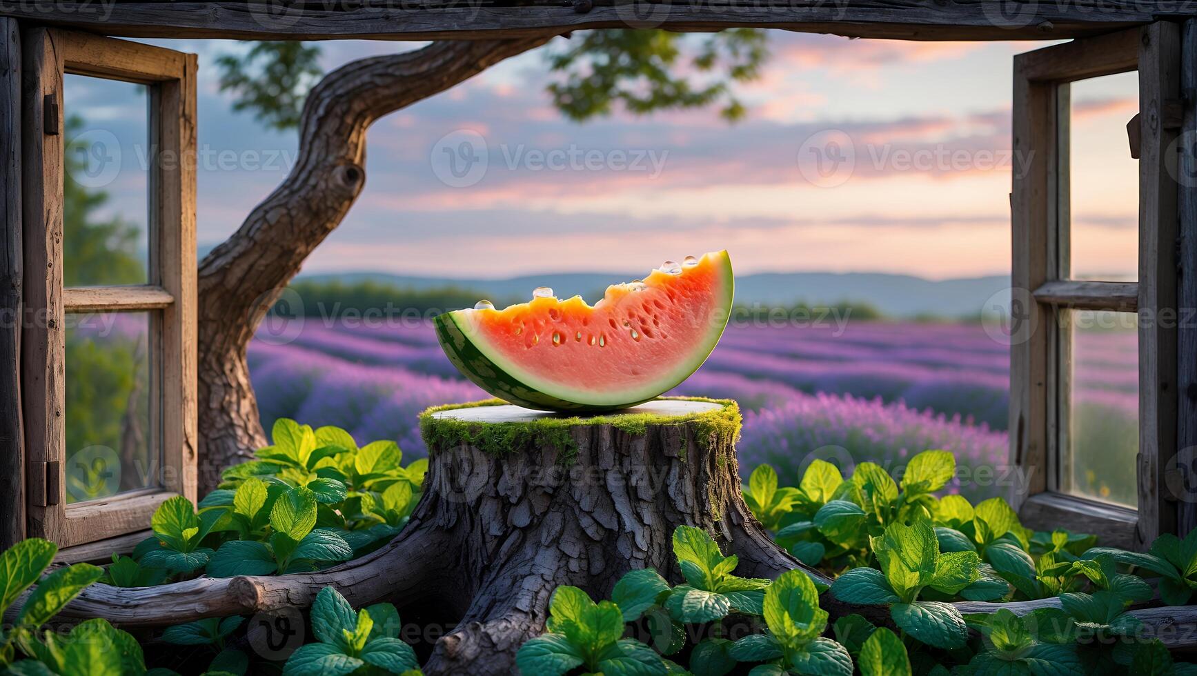 A vibrant watermelon slice resting on a tree stump, framed by a picturesque window overlooking a lavender field at sunset photo