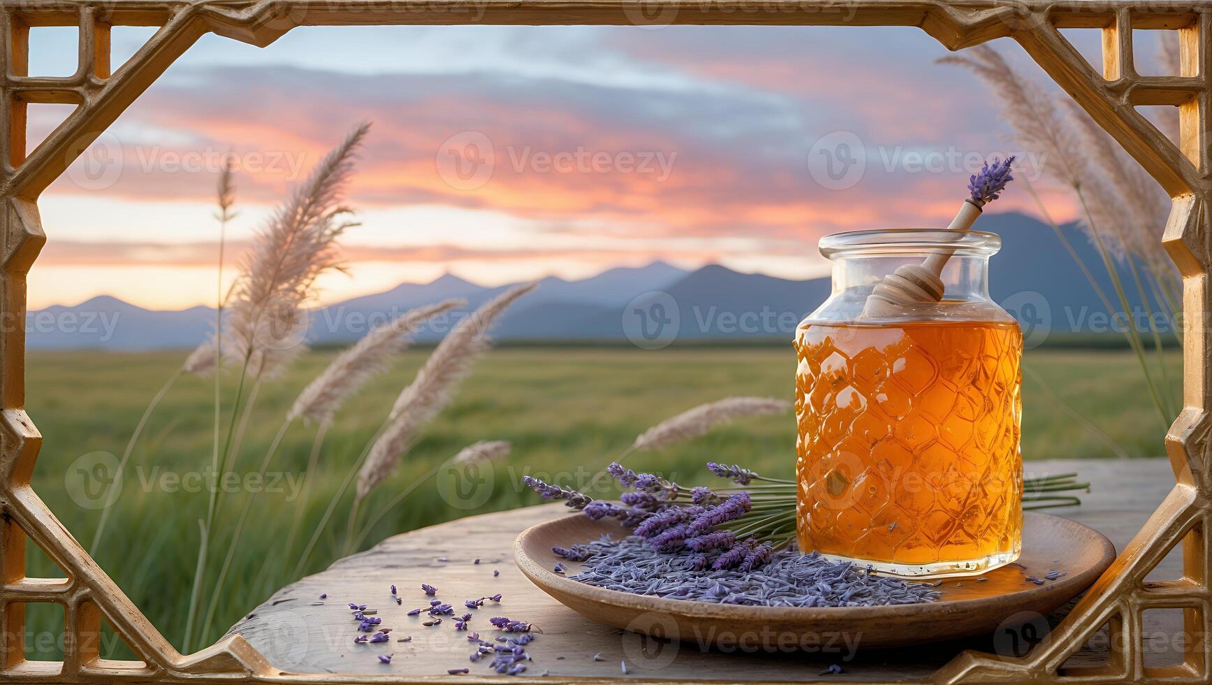 A serene sunset landscape featuring a jar of honey and lavender on a rustic table in a field photo