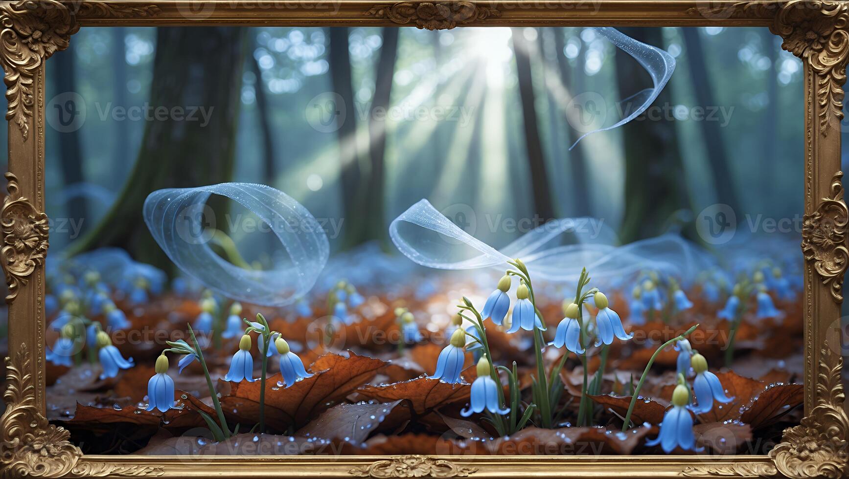 Enchanted forest scene with delicate blue snowdrop flowers surrounded by autumn leaves and ethereal mist photo