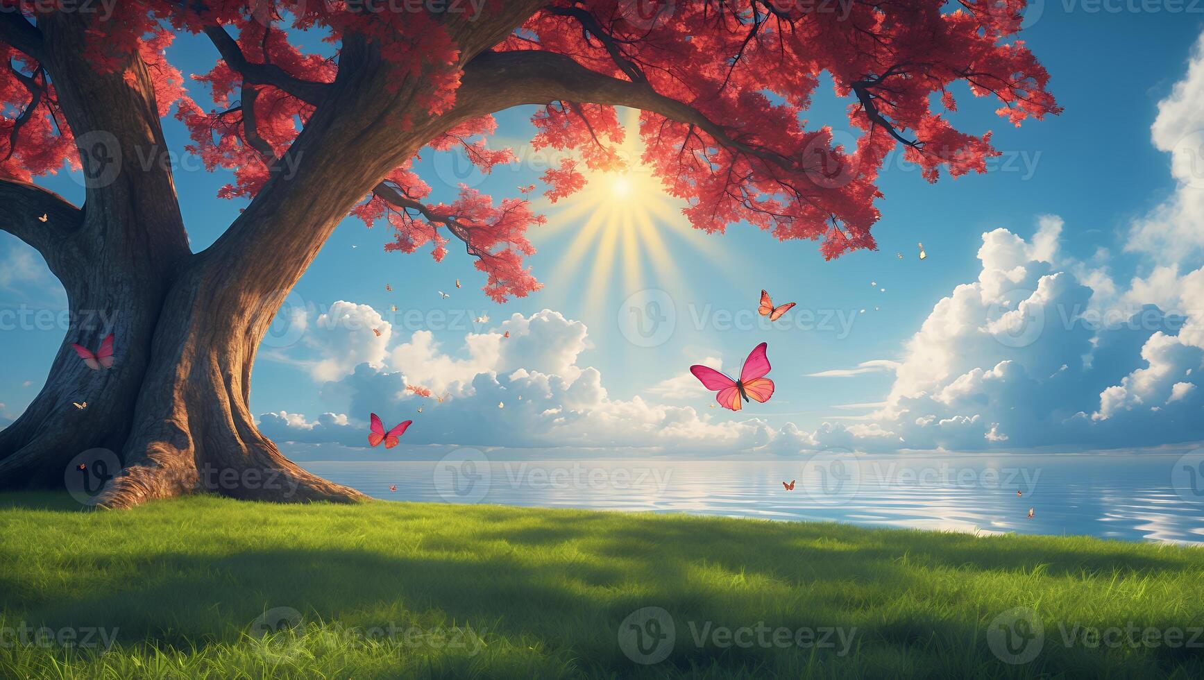 Majestic tree with vibrant red leaves under a sunny sky, butterflies fluttering over serene waters photo