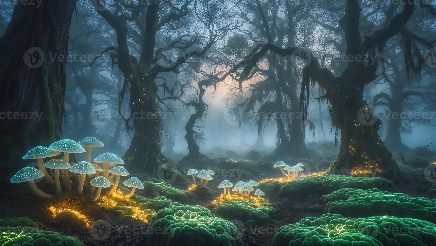 Enchanted forest with glowing mushrooms under misty trees at dawn, creating a mystical atmosphere photo