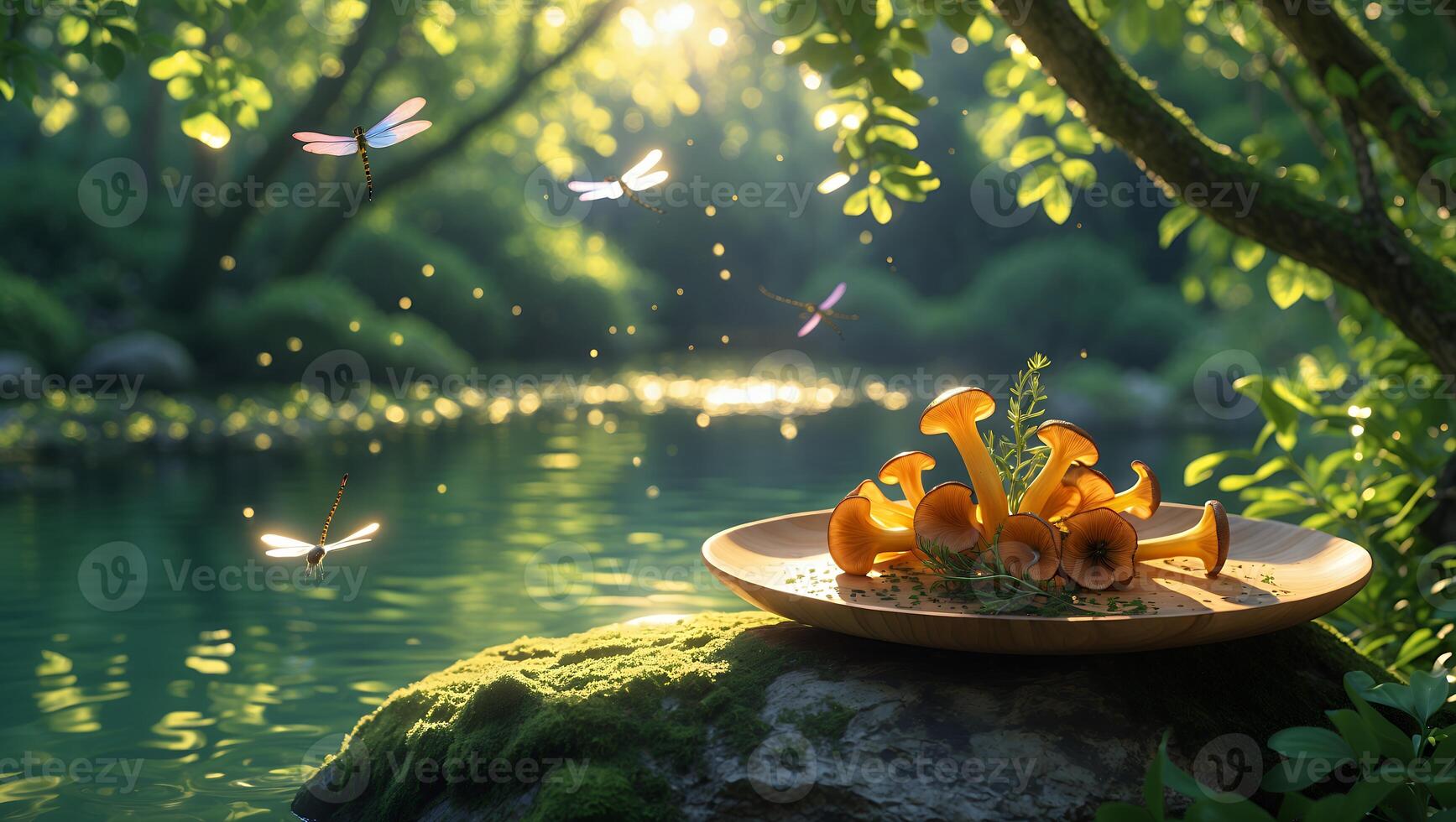 Vibrant golden chanterelle mushrooms arranged on a wooden plate beside a serene river at sunrise, surrounded by lush greenery and dragonflies photo