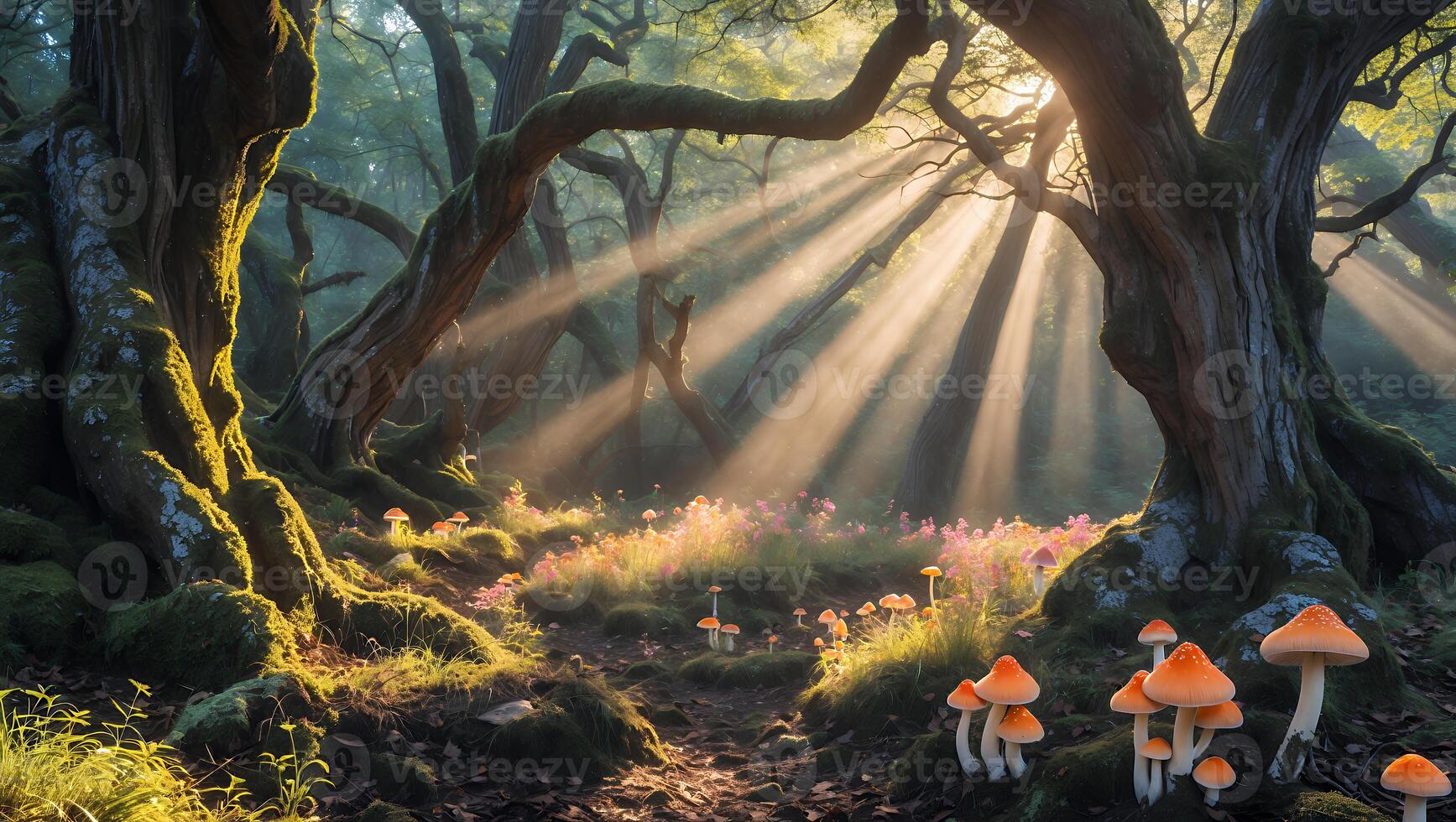 Enchanted forest with sun rays filtering through trees, illuminating vibrant mushrooms and flowers photo