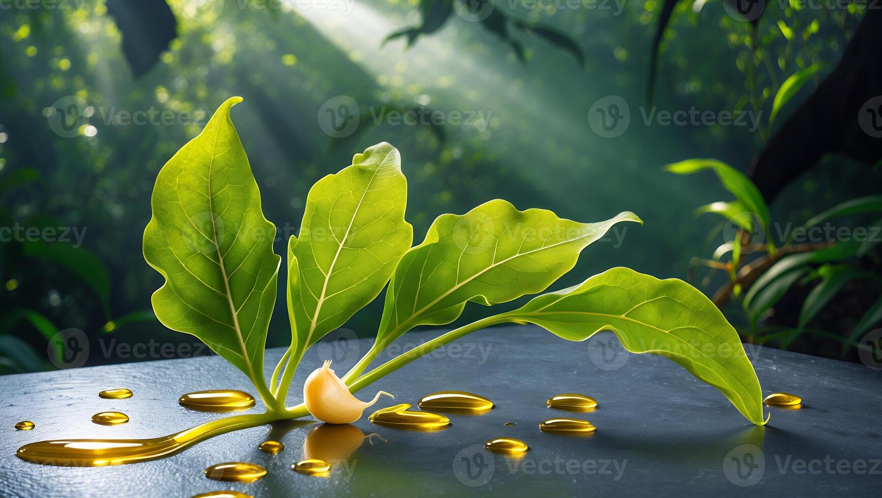 Fresh green leaves with droplets of oil on a dark surface, illuminated by soft sunlight in a lush forest photo