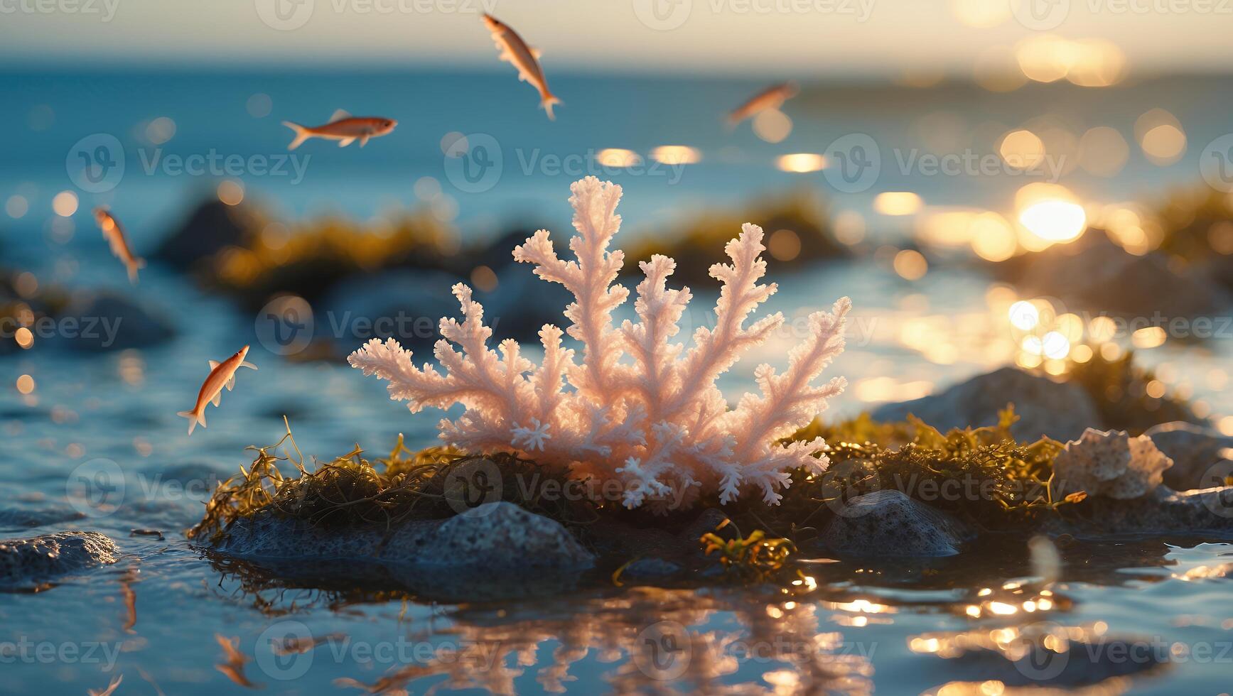 Coral reef with pink coral surrounded by small fish in shallow water at sunset, creating a serene scene photo