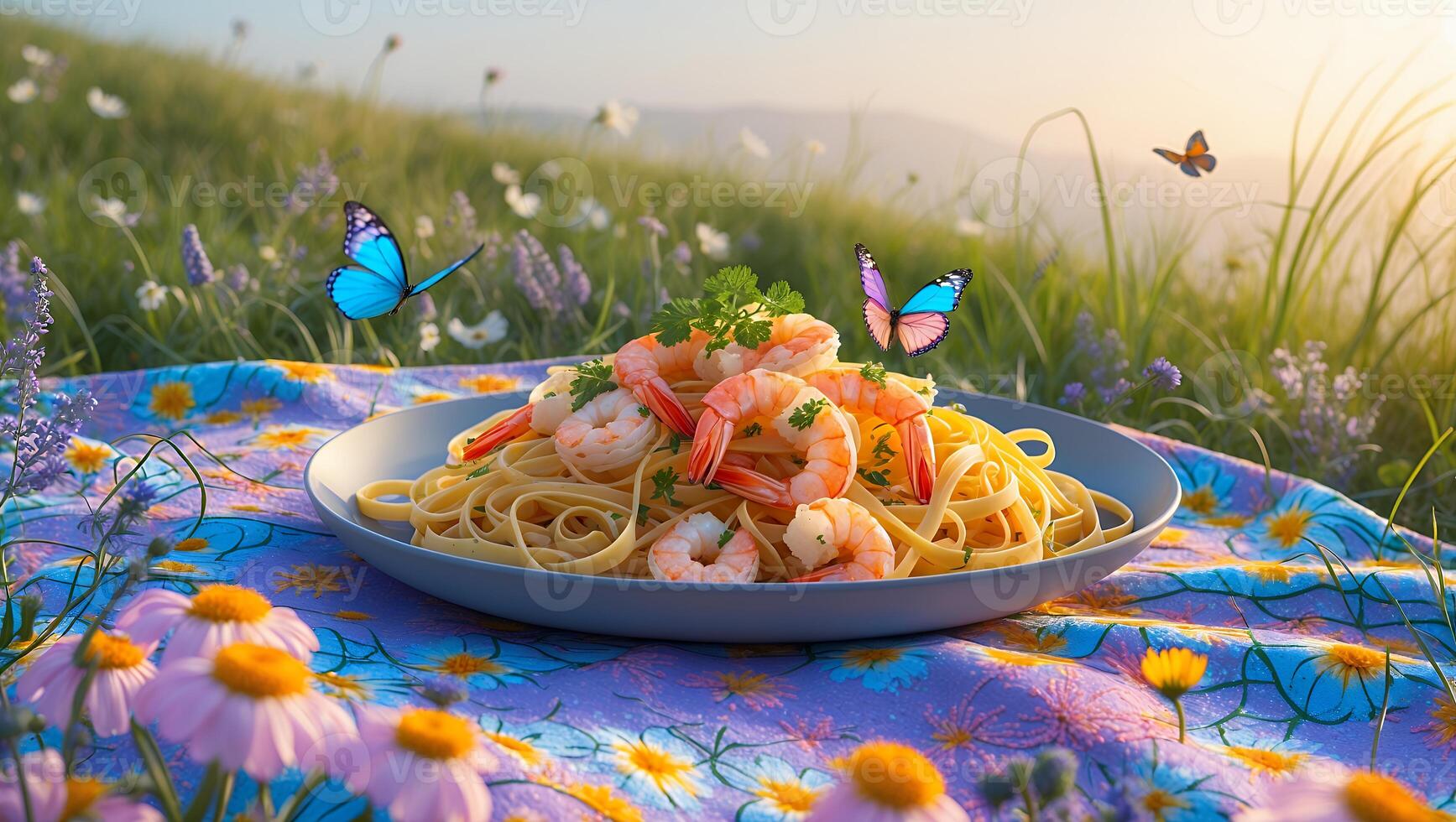 A vibrant plate of shrimp pasta garnished with herbs, set on a colorful picnic blanket in a sunlit meadow filled with flowers and butterflies photo