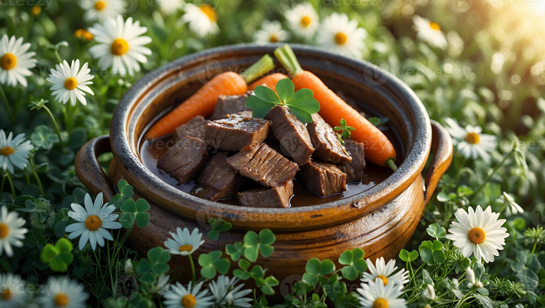 Delicious beef stew served in a rustic pot, surrounded by fresh vegetables and blooming daisies photo