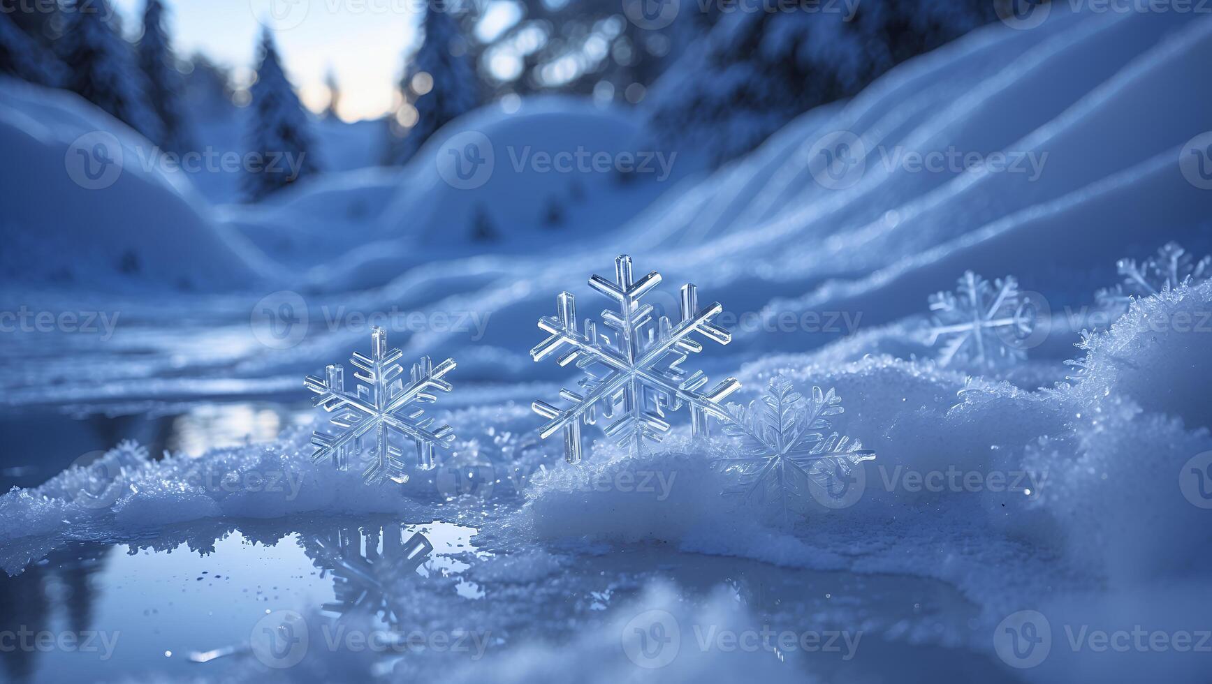 Snowflakes resting on a serene snowy landscape, reflecting light with pine trees in the background photo
