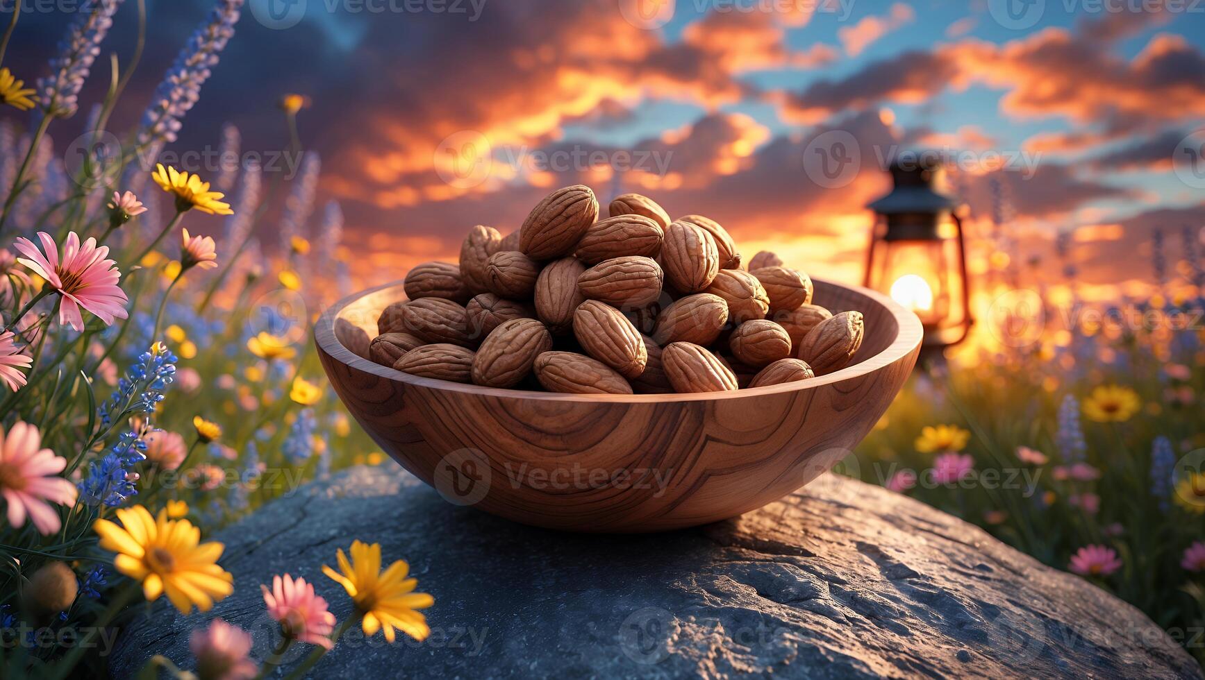 A wooden bowl filled with almonds sits on a rock amidst colorful wildflowers at sunset photo