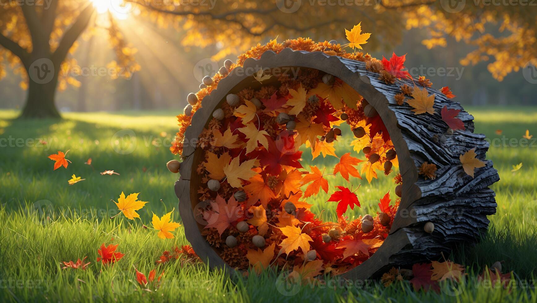 Autumn leaves cascading from a hollow log in a sunlit forest, creating a vibrant, serene scene photo