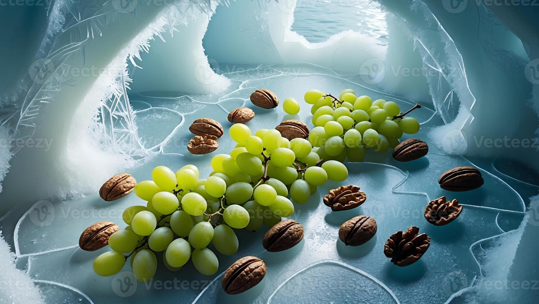 Fresh green grapes and pecans arranged on a frosty surface inside an icy cave, creating a serene atmosphere photo