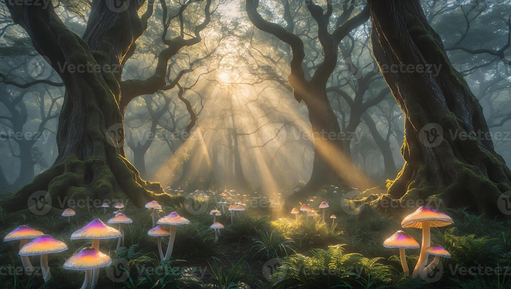 Enchanted forest with vibrant mushrooms under sun rays, creating a mystical atmosphere photo