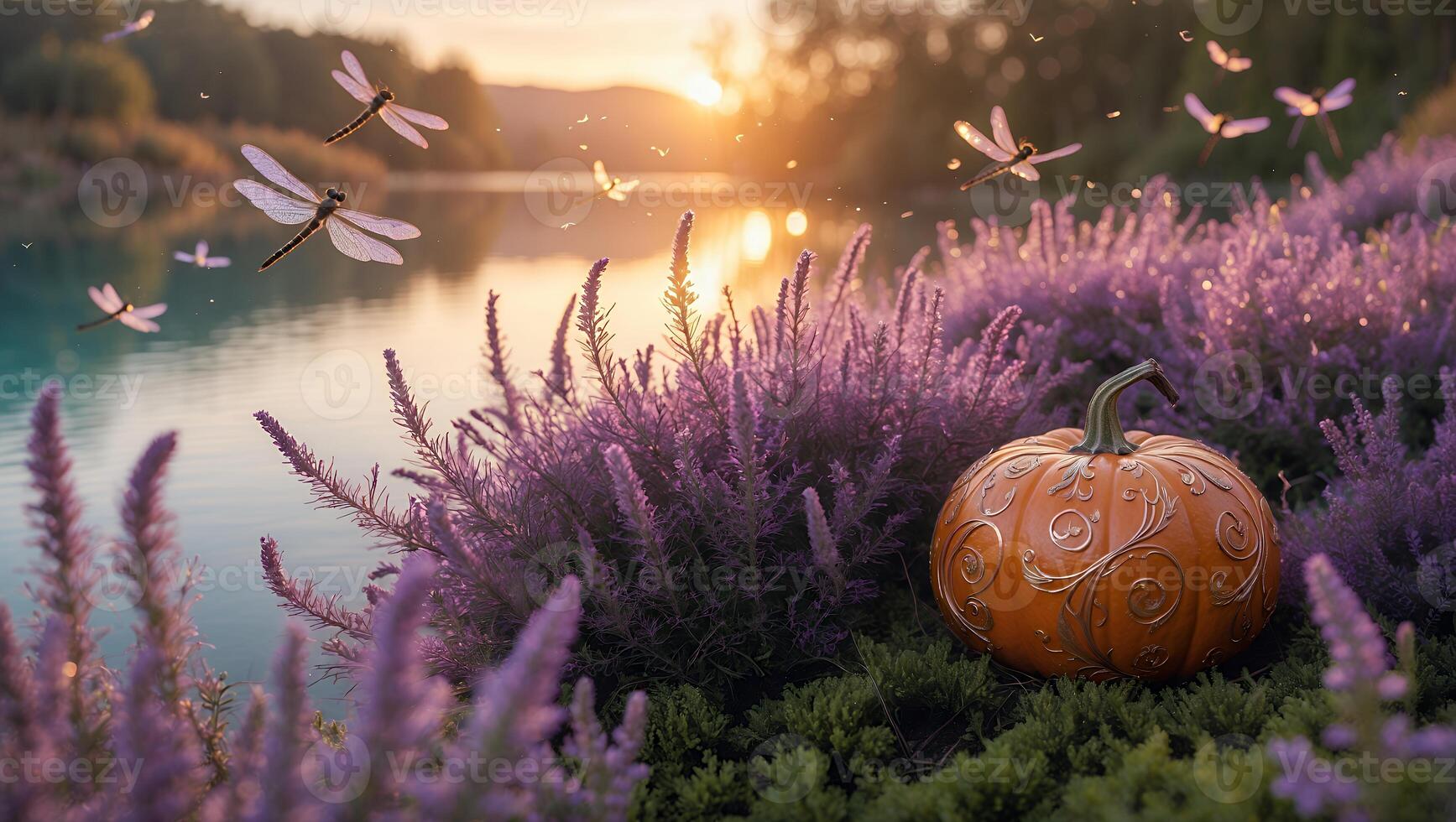 Serene autumn scene featuring a pumpkin among blooming lavender by a tranquil lake at sunset photo