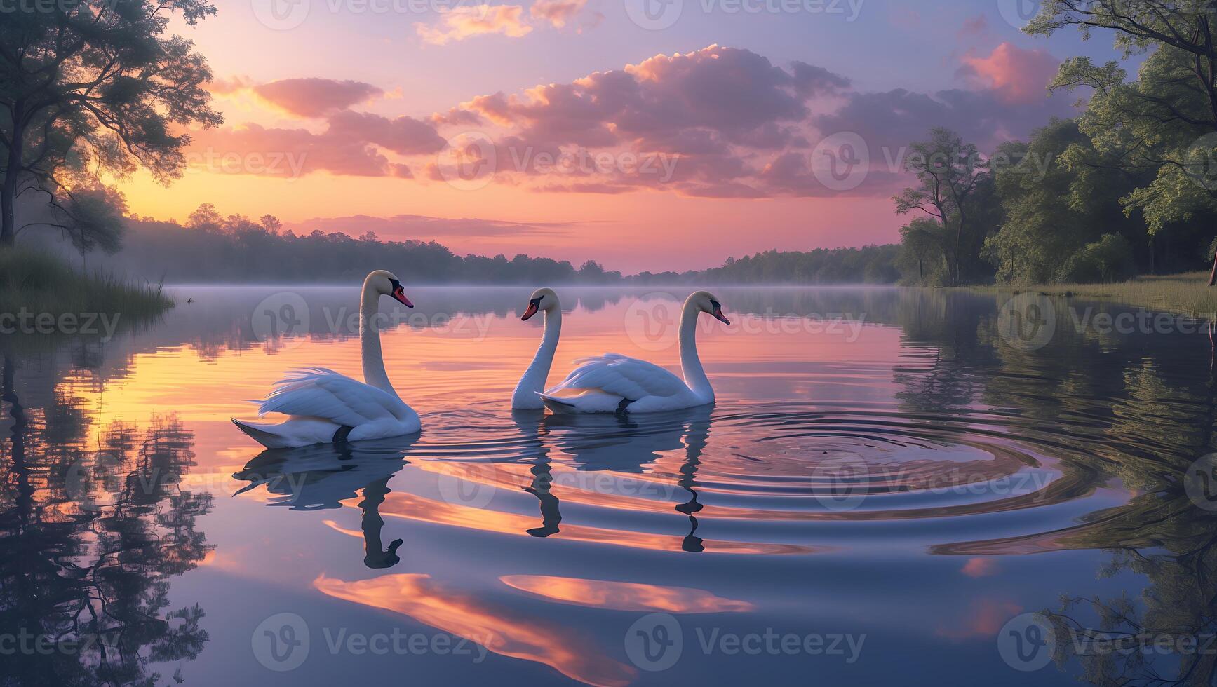Serene sunset over a tranquil lake with three swans gliding gracefully through the water photo