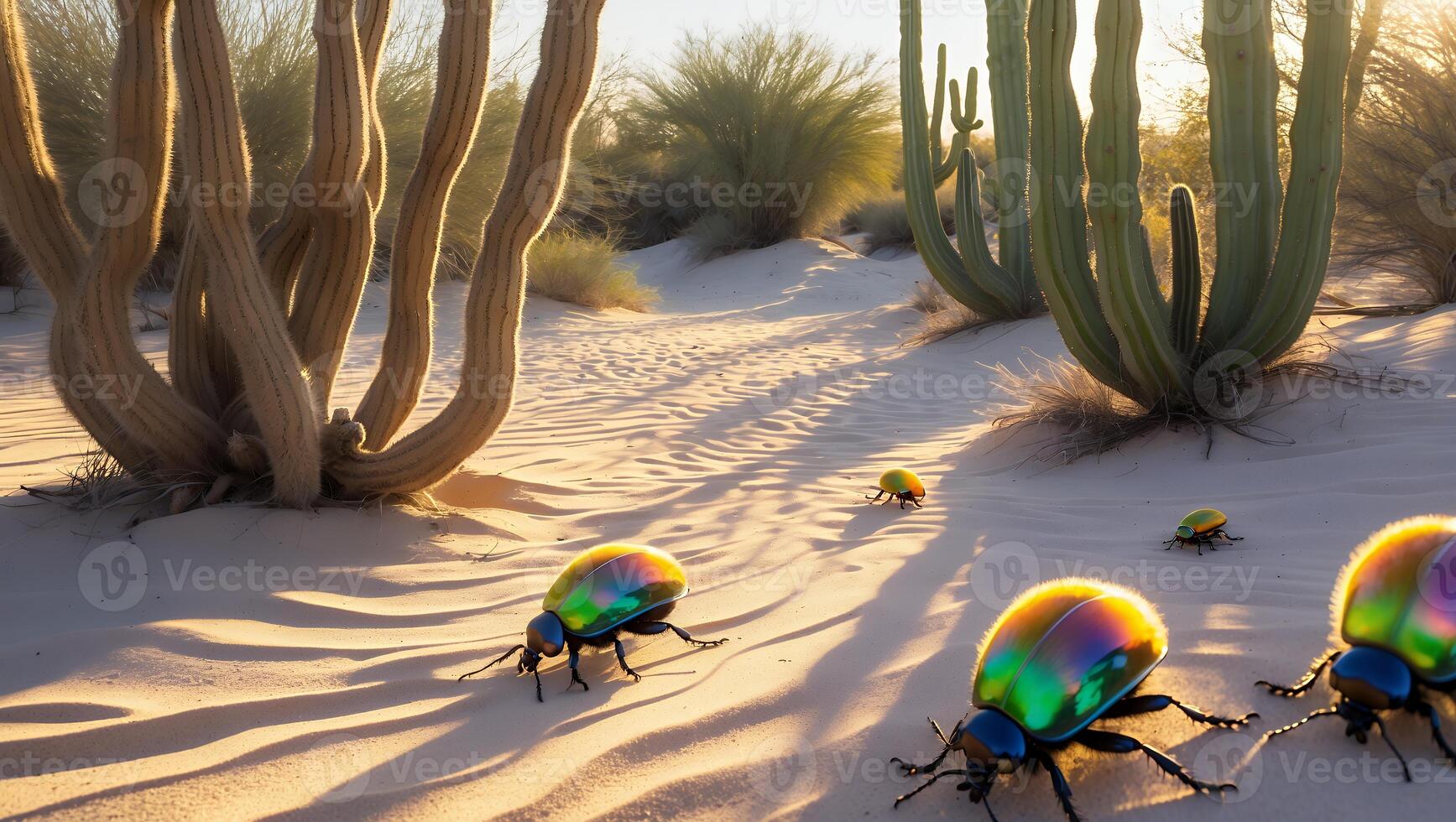 Vibrant beetles crawling through a sandy desert landscape with cacti and shadows at sunset photo