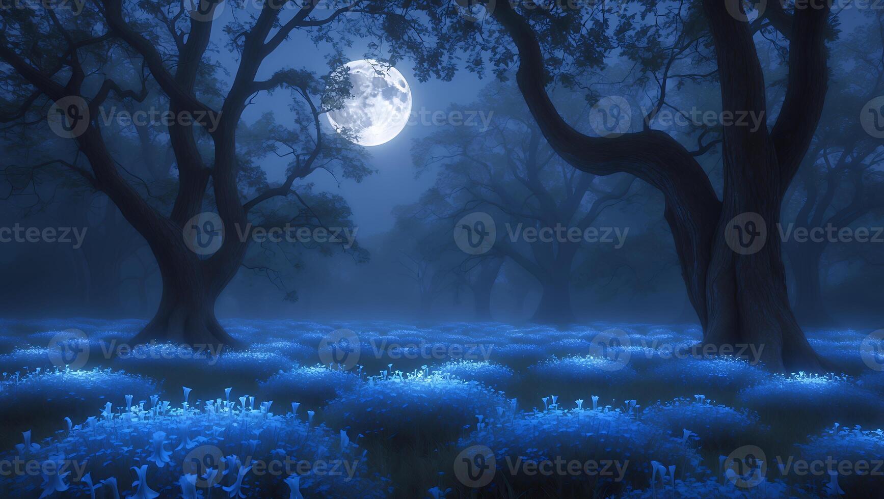 Enchanted moonlit forest with blue flowers, creating a serene atmosphere under a full moon photo